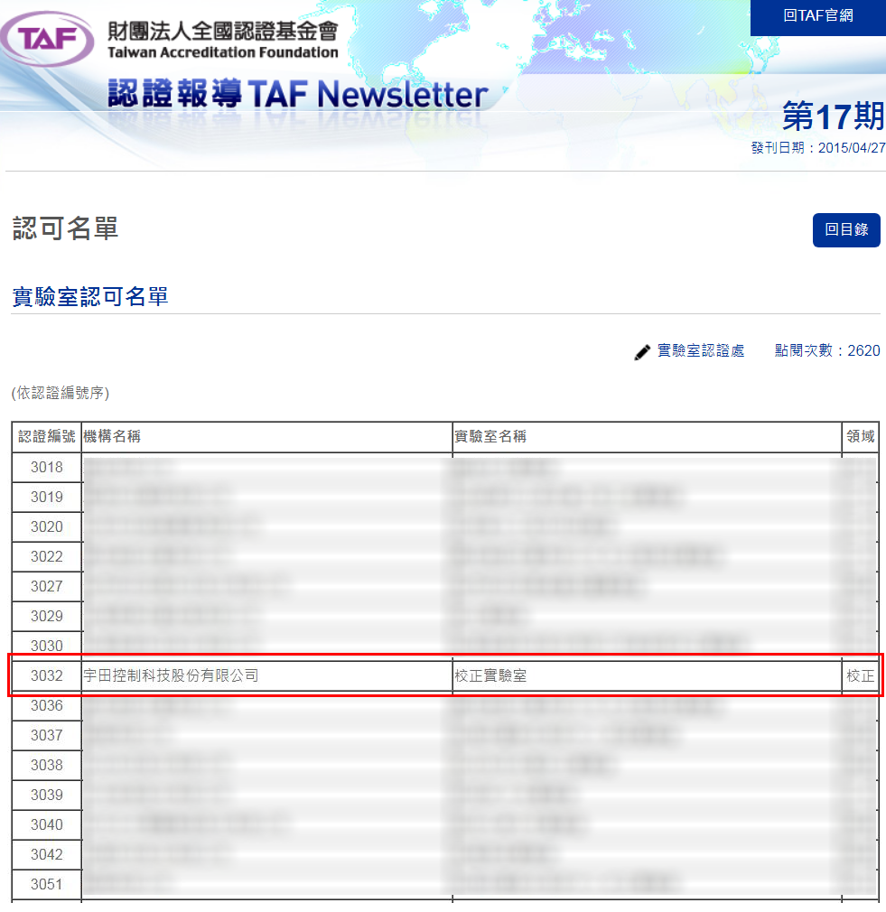 TAF官方認可的實驗室名單